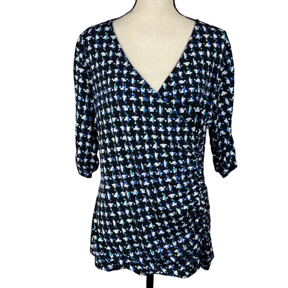 Style & Co X-Large Top Abstract Stretch Surplice V-Neck Elbow Sleeve Ruched Side